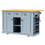 Îlot de cuisine gris-bleu avec abattant, 3 tiroirs et 5 tablettes latérales ouvertes, livré avec 2 tabourets de bar et une grande tablette intérieure de 135 cm.