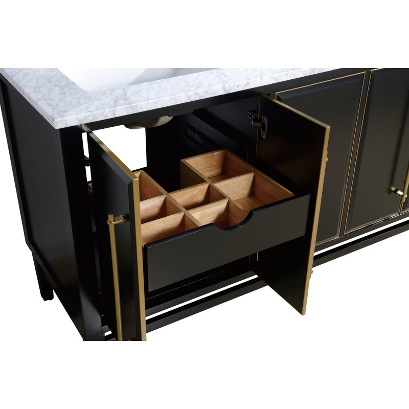 Mason 60" Double Bathroom Vanity with Carrara Marble Top, Black, Carrara White, Matte Gold