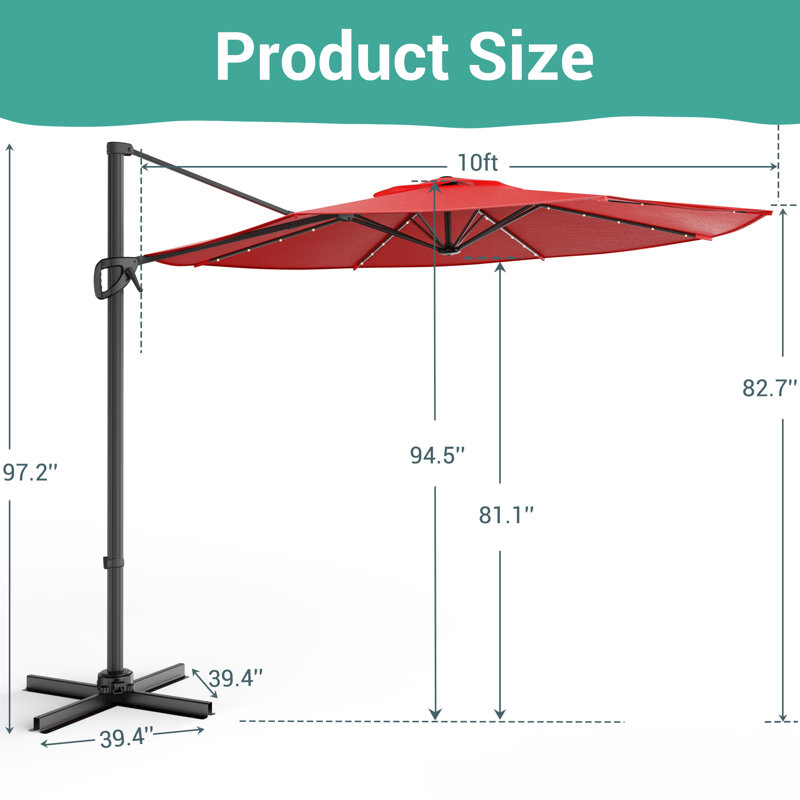 Parasol de patio en porte-à-faux à DEL 10 pi 10 pouces, Rouge
