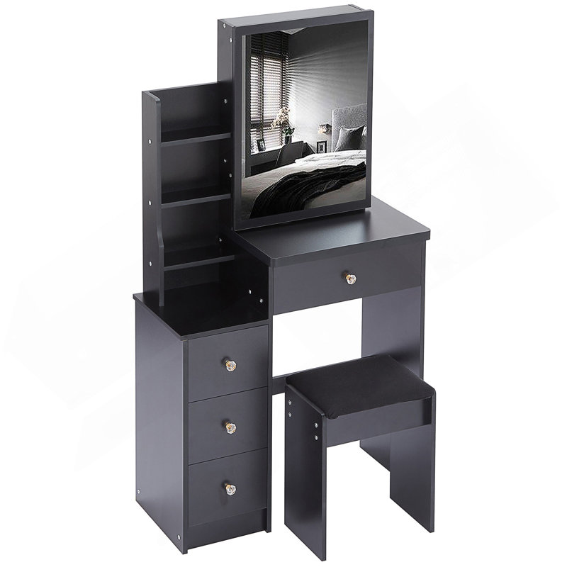 Compact 29.2-Inch Vanity Table Set With Cushioned Stool And Sliding Mirror, Multi-Layer Storage For Small Spaces, Black