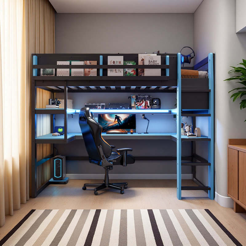 Lit mezzanine simple en bois avec bureau, Lit simple, Bleu nuage
