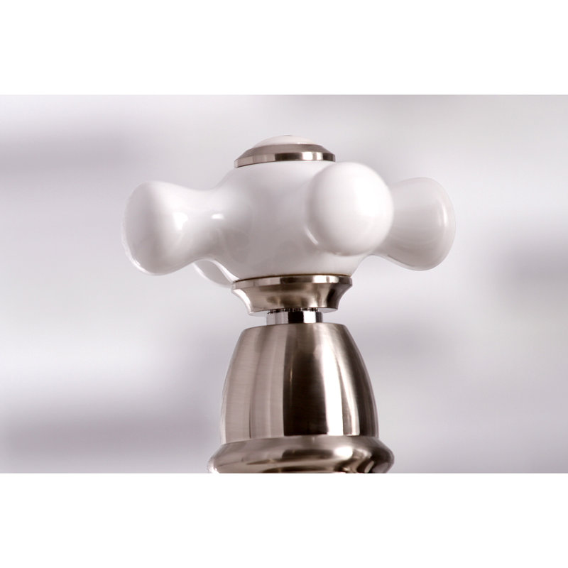 Kingston Brass Restoration Two-Handle 4-Hole Deck Mount Bridge Kitchen Faucet with Brass Side Sprayer, Brushed Nickel