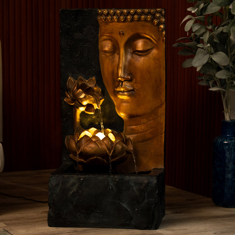  30" H Zen Buddha Face Water Fountain w/ LED light & Pump, Indoor/Outdoor Freestanding, Relaxing Zen Décor, Bronze and Natural Grey Polyresin Fountain for Home Patio Garden Backyard