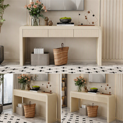 Console rustique avec 3 tiroirs cannelés - Table d'entrée en placage de bois massif pour le salon et le couloir, alliant charme moderne et charme rustique