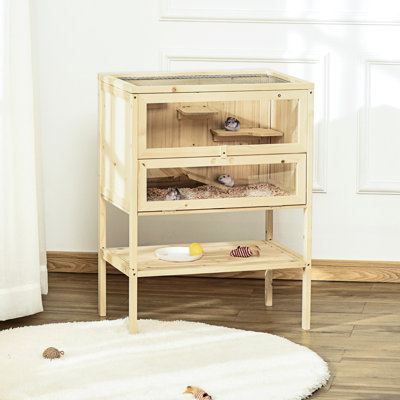 3 abris pour hamster en bois naturel et porte d'entrée avec tablette de rangement pratique et durable