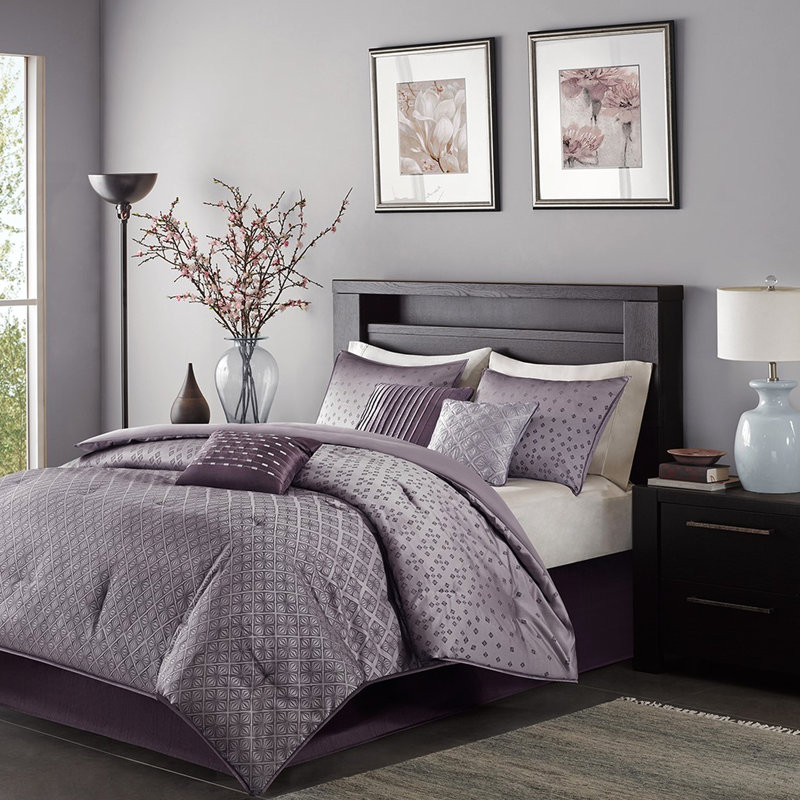 Comforter - 7 Pieces, Elegant Design Piece, With Textured Pattern, Purple, Queen Comforter + 6 Additional Pieces