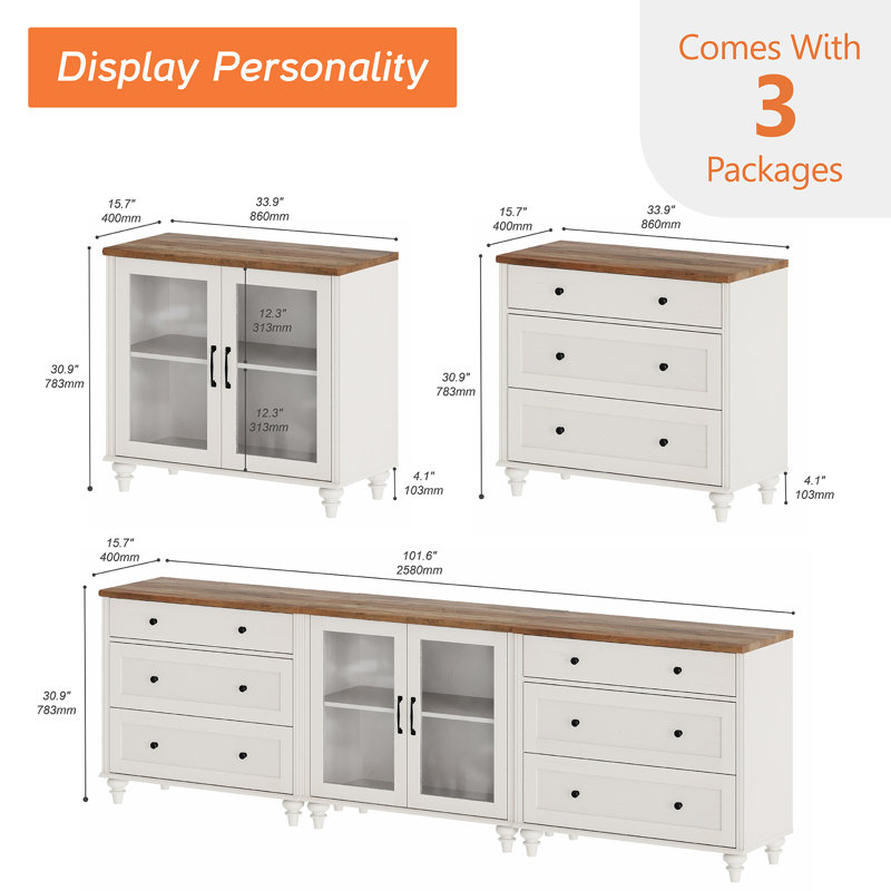 Sideboard Buffet Cabinets With 2-Glass Door, 3-In-1 Kitchen Storage Cabinets, Wood Coffee Bar Tables With Adjustable Shelf & 6 Drawers For Dining Room, Living Room, Bedroom, White