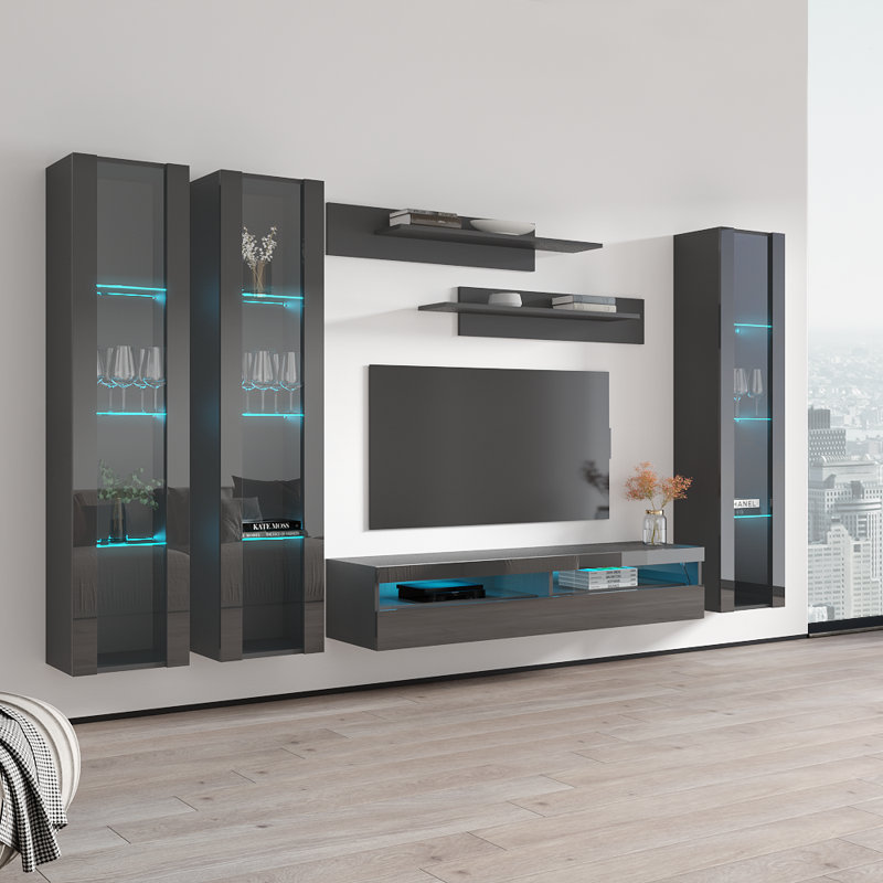 120" Modern Floating Wall Mounted Entertainment Center with 16-Color LED Lighting, High Gloss Finish, Gray