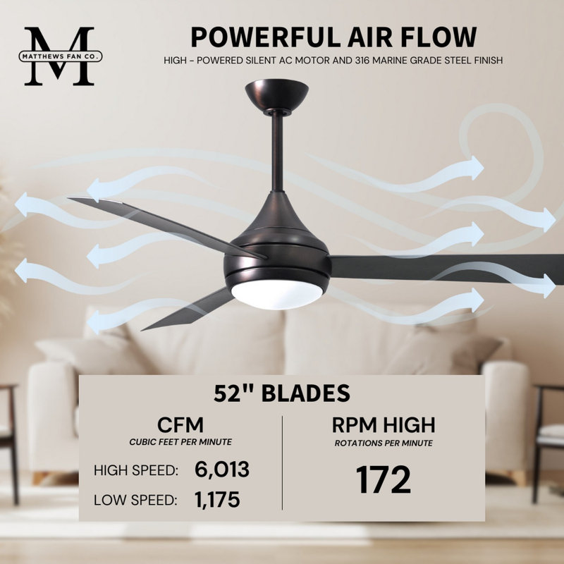 Donaire LED Outdoor Downrod Ceiling Fan, Brushed Bronze, Brushed Stainless