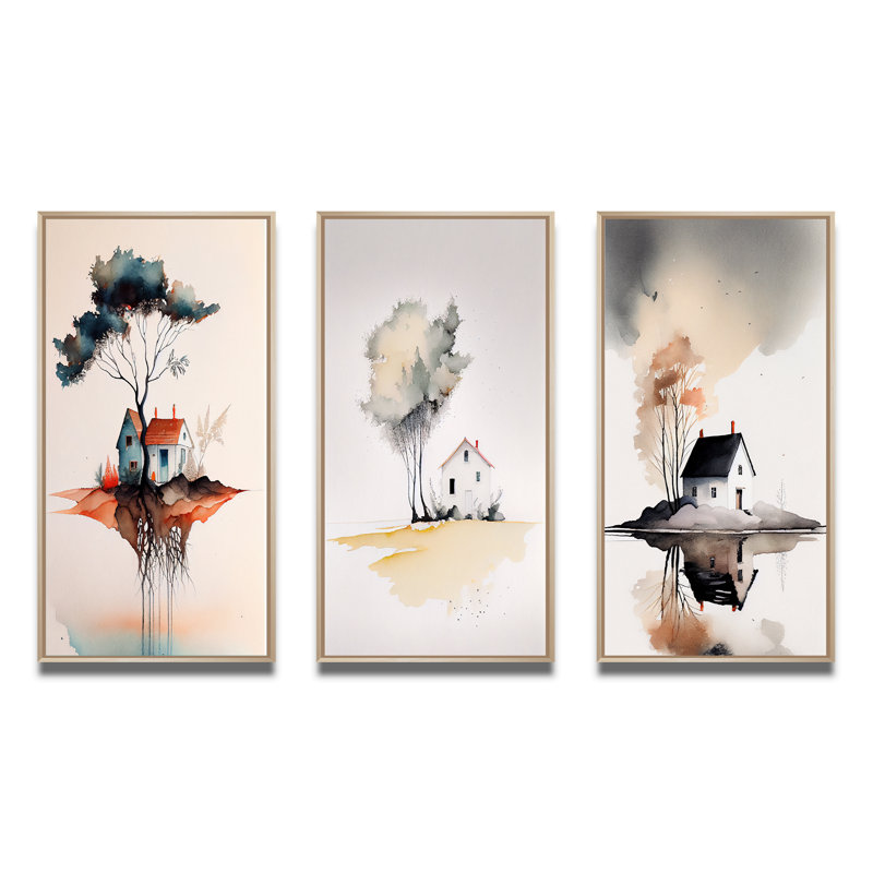 «Countryhouse With Tree At The Lake», 3 pièces sur toile, Naturel, H 32 po x l 48 po