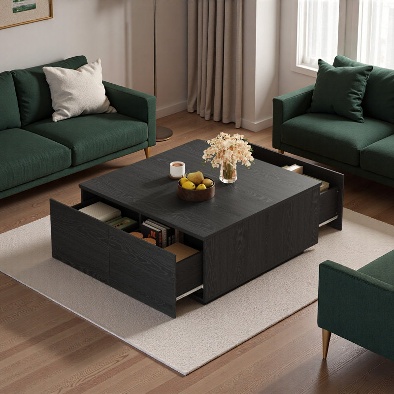 Table basse moderne carrée avec 4 tiroirs, Black
