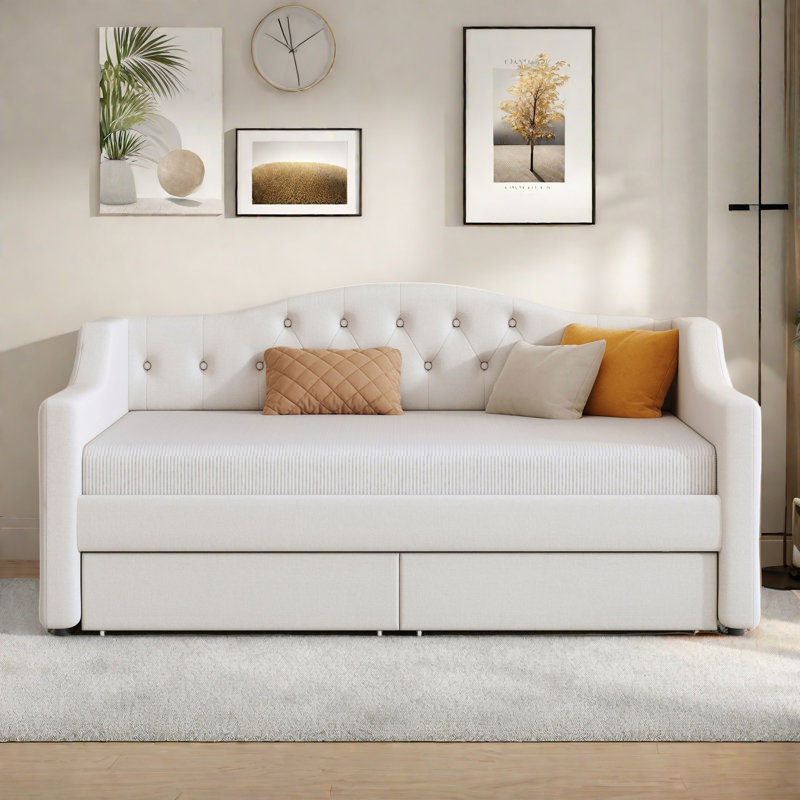 Lit de jour moderne rembourré avec ceinture à DEL, couchette et capitonnage à boutons, Beige