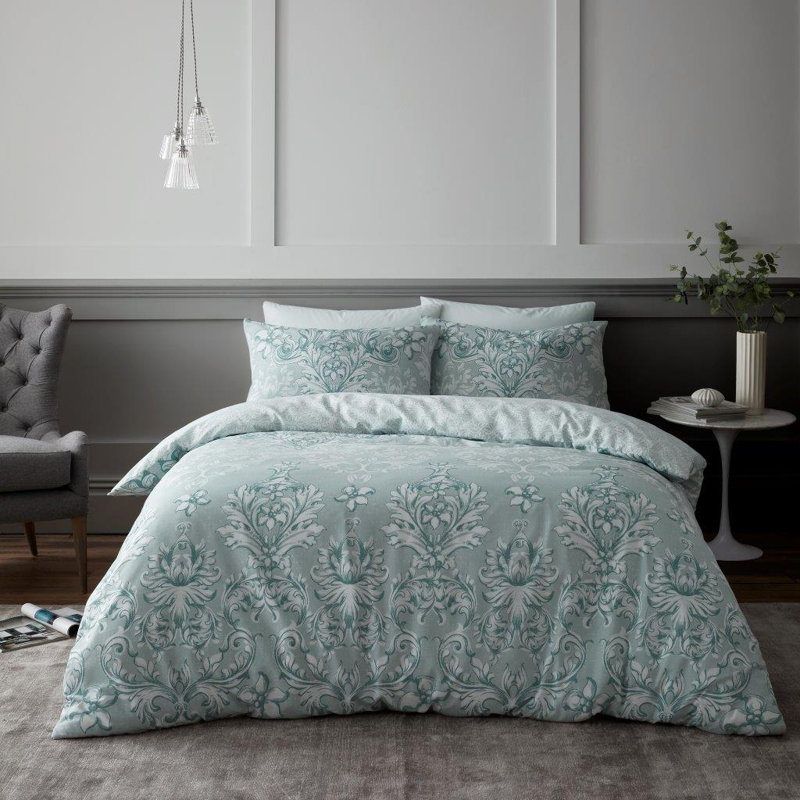 Floral Polycotton Duvet Cover Set with Matching Pillowcases Yarn Soft Bedding, Duck Egg, Double