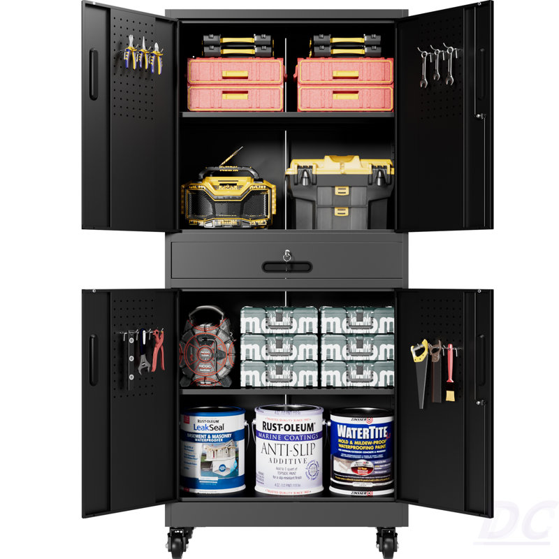 Armoire de rangement en métal avec tiroir, armoire de garage 71 po avec portes verrouillables et 2 tablettes réglables, armoire à outils robuste avec panneau perforé, 8 crochets et roulettes pour le bureau à domicile