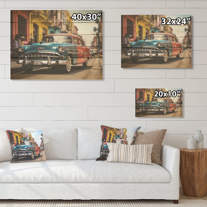 «Cuba Classic Iconic Car I - Cuba Landscape», art mural sur bois de pin naturel, H 30 po x l 40 po