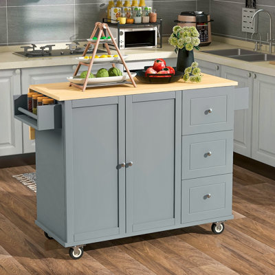 Îlot de cuisine mobile à roulettes avec plateau en bois massif et roulettes verrouillables, largeur de 52,7 po, armoire de rangement et bar à abattants, support à épices, porte-serviettes et tiroir
