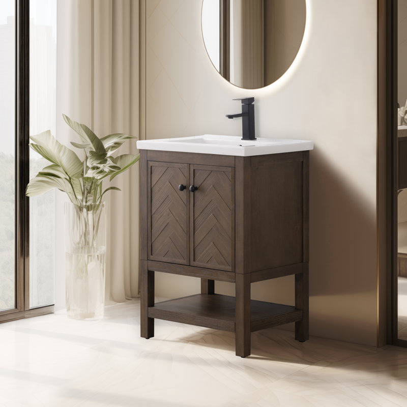 Chazden 24" Herringbone Design Single Bathroom Vanity with Ceramic Top, Blanc, Brown, Noir mat