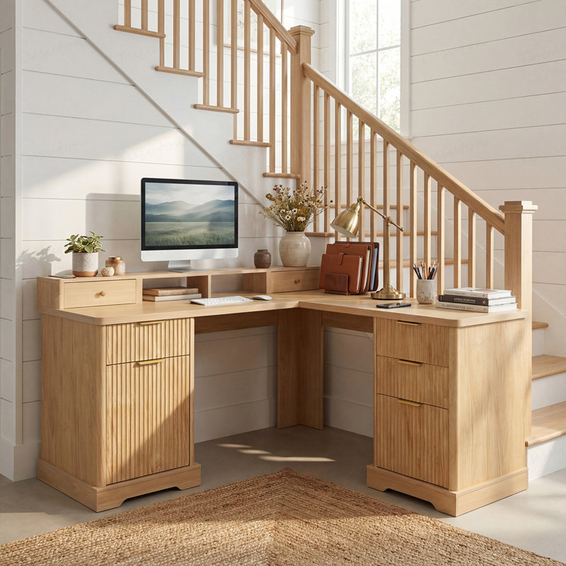 Bureau en L 59 po cannelé avec station de charge et armoire de rangement 59 po Modern