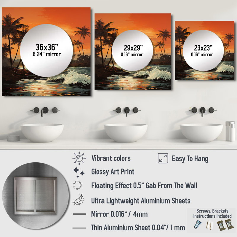 Keeana - Art mural miroir carré pour palmiers pour salle de bain, 36 po x 36 po