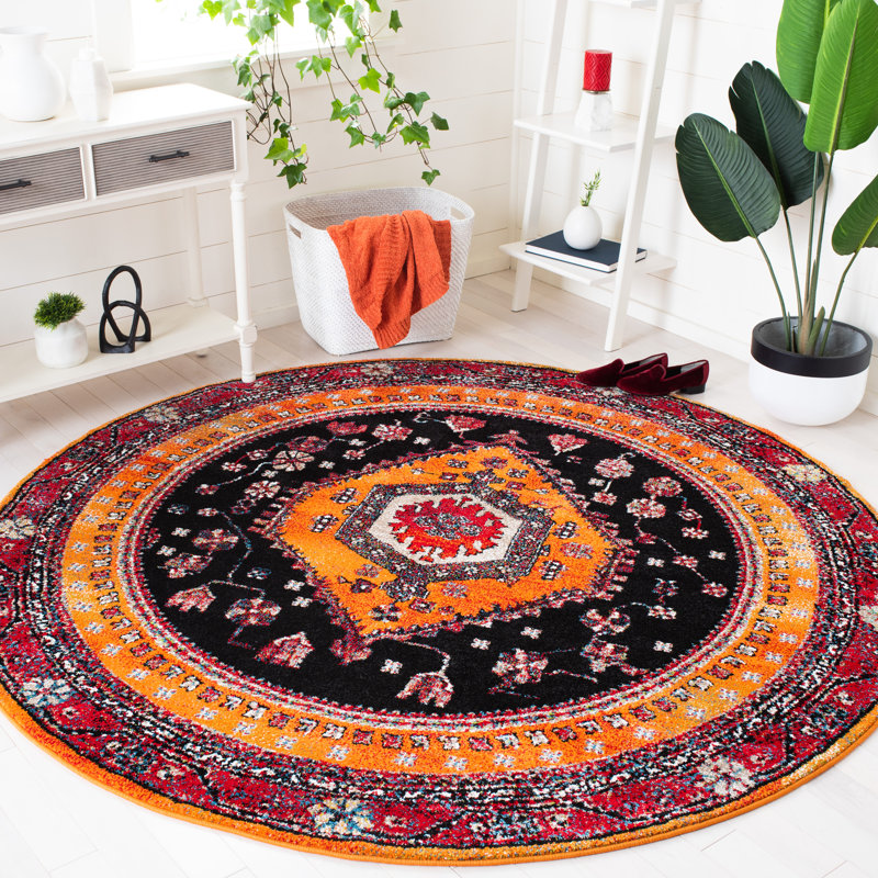 Tapis oriental orange / noir, Rond 6 pi 7 po