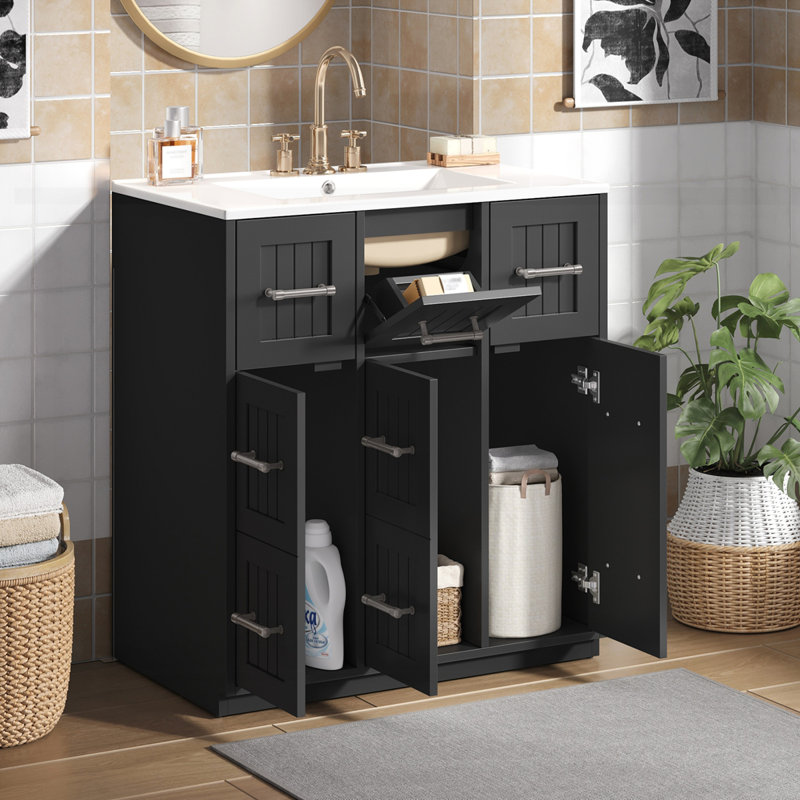 Meuble-lavabo 30 po avec lavabo encastré et tiroirs, Noir