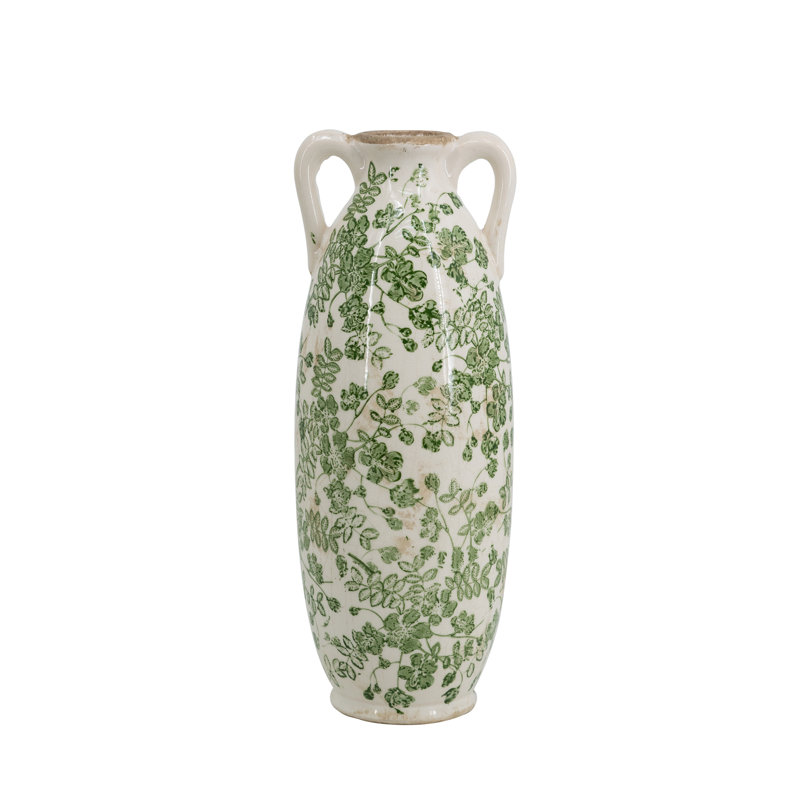 White Ceramic Flower Vase with Green Floral Pattern and Small Handles, 13.8"