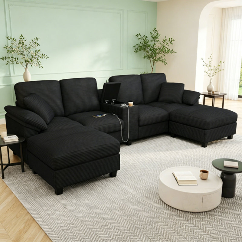 Canapé modulaire en U avec repose-pieds, porte-gobelets et ports USB, Noir