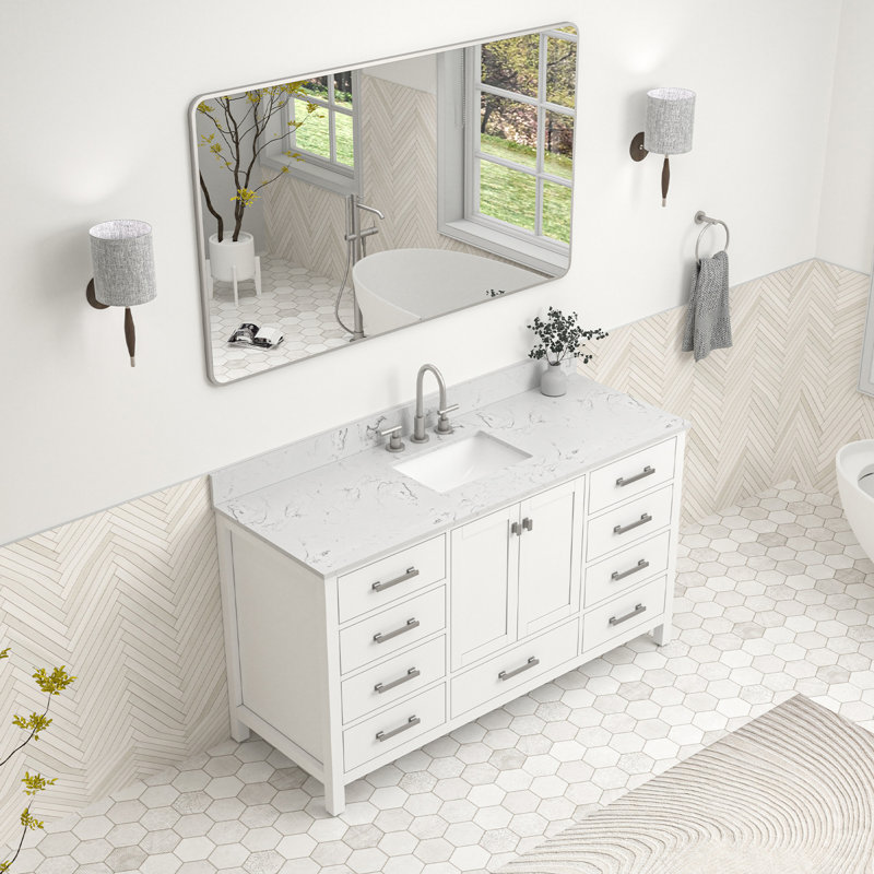 Meuble-lavabo autoportant 60 po avec comptoir en marbre 60 po, Blanc / nickel brossé