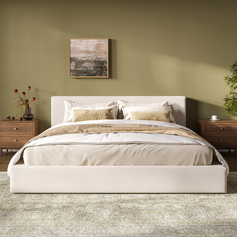 Lit plateforme tapissier avec tête et pied de lit en lin épais, beige