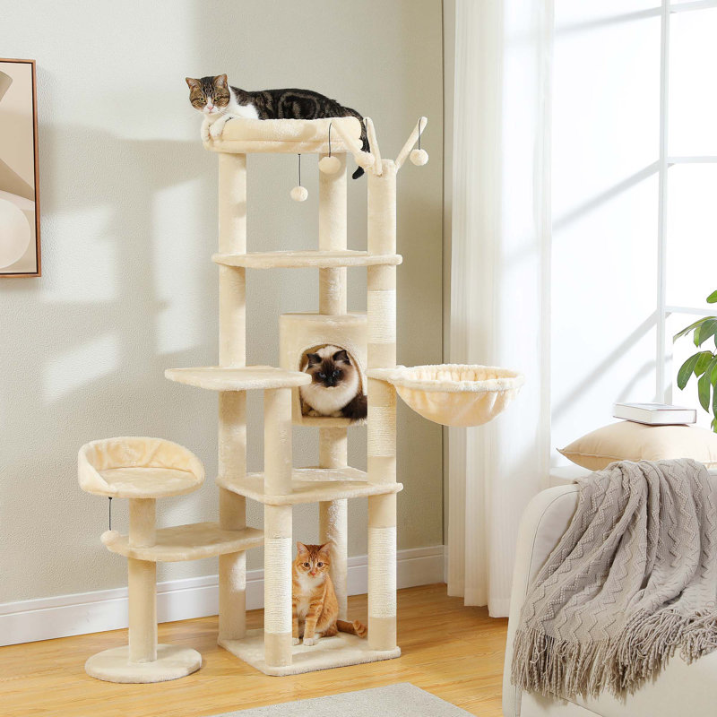 Beige Multi-Level Cat Tree Tower with Hammock and Scratching Posts