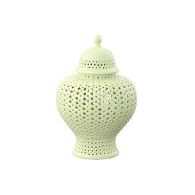 Ceramic Round Pierced Ginger/temple Jar Lg Gloss Finish Sage