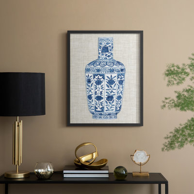 «Ming Vase on Linen VI», reproduction encadrée - bois massif