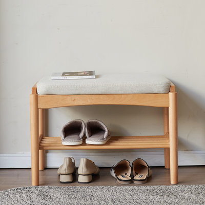 (Gray) Natural Solid Wood Shoe Bench, Mid-Century Modern Storage Bench With High Rebound Sponge Cushion For Entryway And Living Spaces