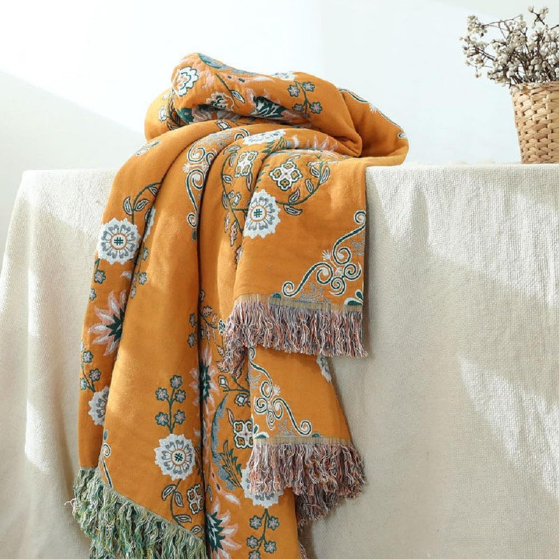 Housse de couette 100% coton DONEUS Boho, Grand lit, Motif floral jaune