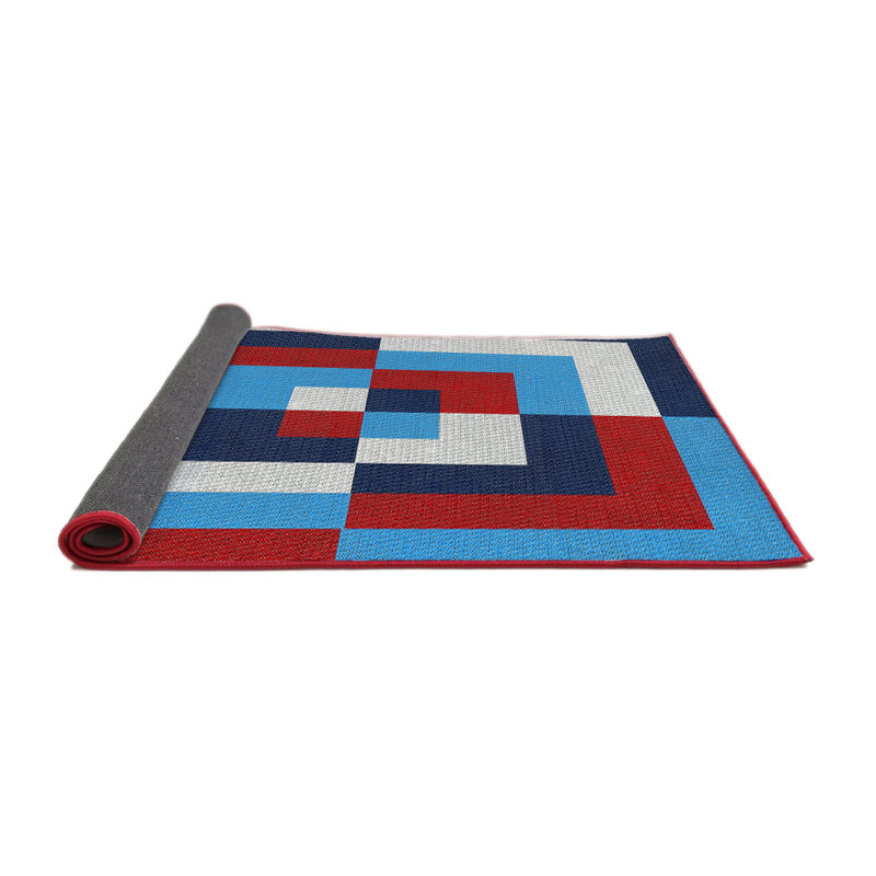 Laine tissée à la machine abstraite et polyester bleu/rouge/gris Tapis décoratif, Rond 8 pi x 8 pi