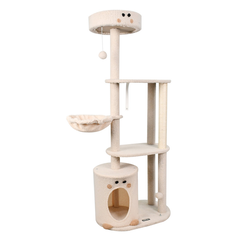 Arbre à chat et hamac en fausse fourrure multi-niveaux avec hamac GOOPAWS, Crème, crème