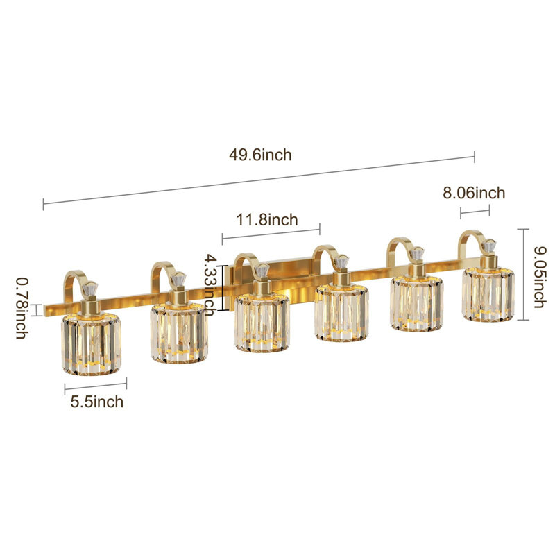Éclairage pour meuble-lavabo en cristal 6 lumières, Doré