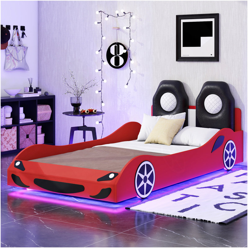 Lit plateforme simple en forme de voiture de course avec DEL et dossier rembourré, rouge
