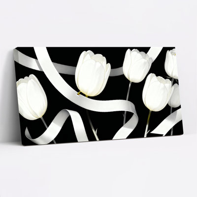 Tulips And Ribbons Background Canvas Wrapped Wall Art Oil Painting Print Set Of 1