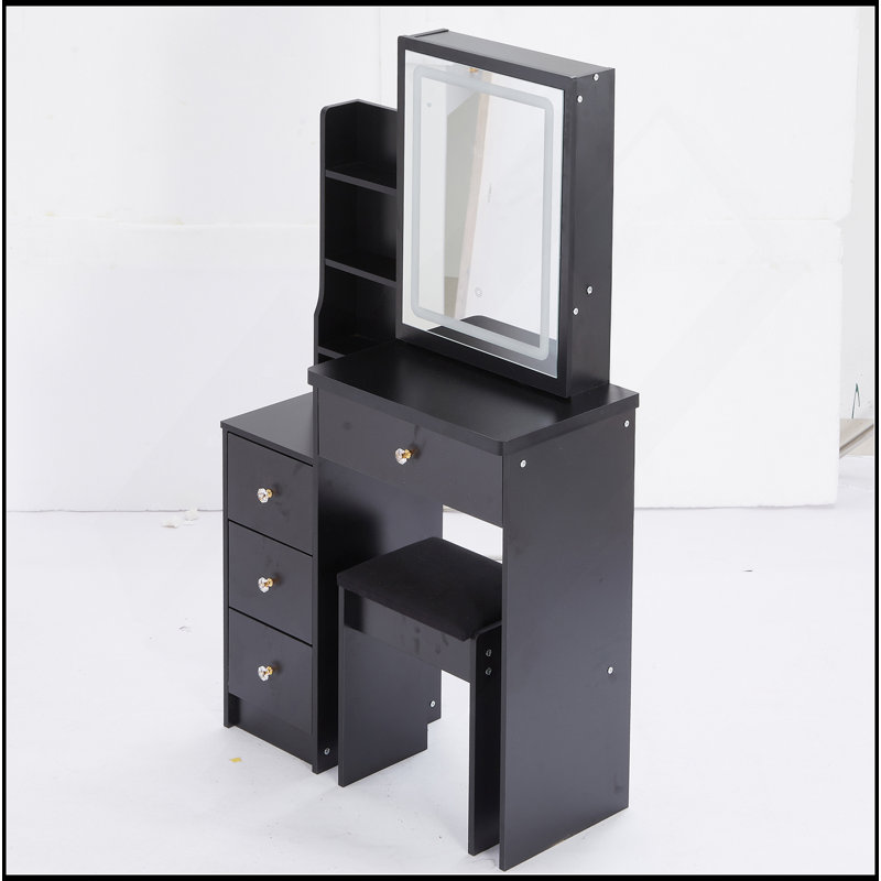 29.2" Small Size Left Bedside Cabinet Vanity Table + Cushioned Stool, Large Sliding, Touch Control, Tri-Color Switching, Brightness Adjust LED Mirror, High Capacity Storage, Suitable For Small Space