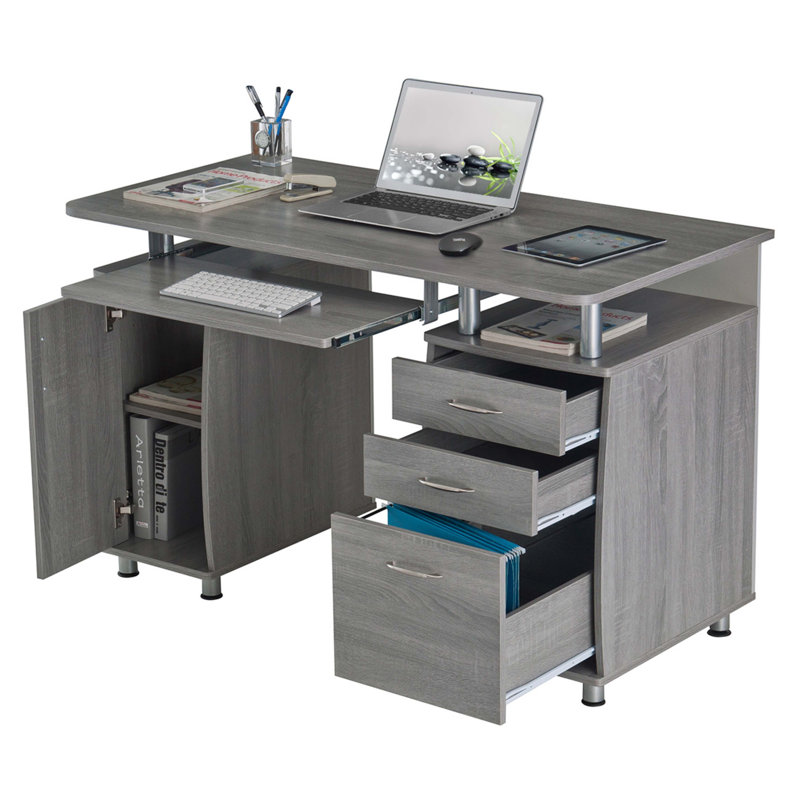 Bureau d'ordinateur complet avec rangement, Gris
