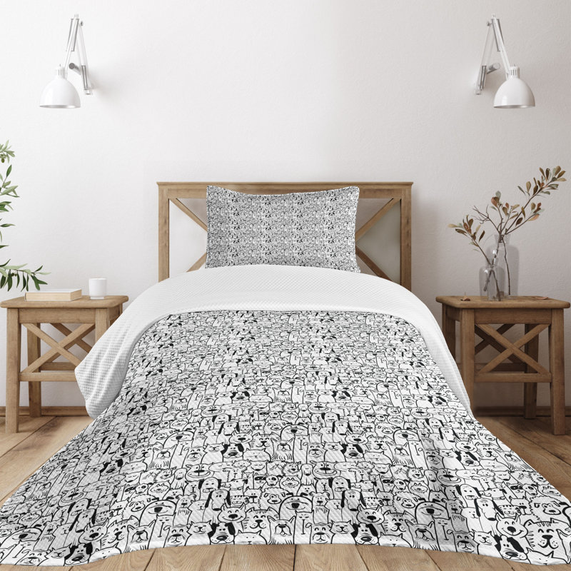 Ambesonne Ambesonne Dogs Bedspread Set Monochrome Doodle Art Animals Charcoal Grey and White
