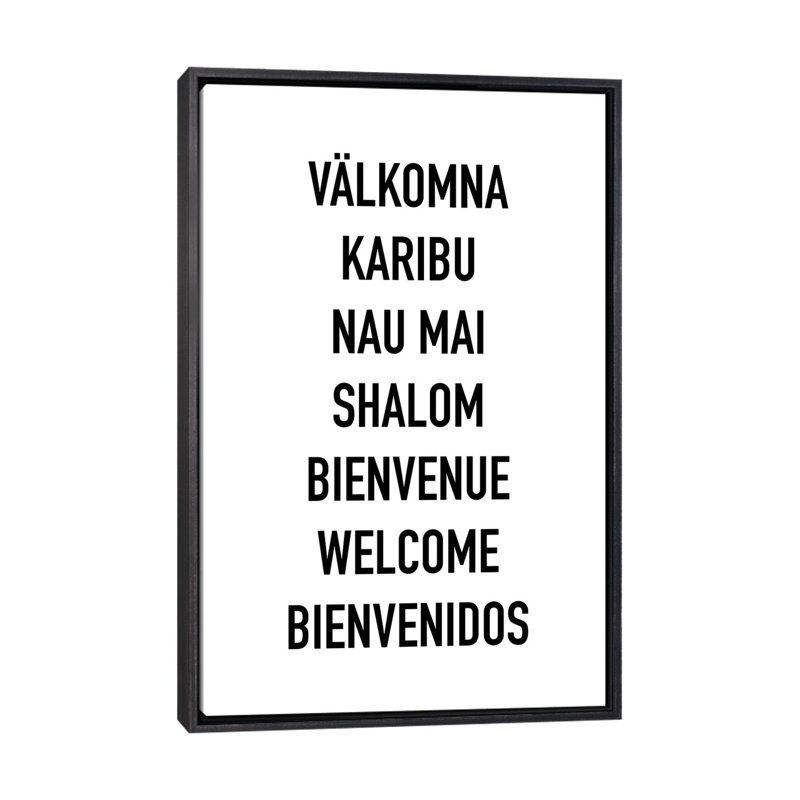 Welcome languages-impression d’art textuel, Pas de tapis, H 40 po x l 26 po x P 1,5 po, Toile avec cadre noir patiné