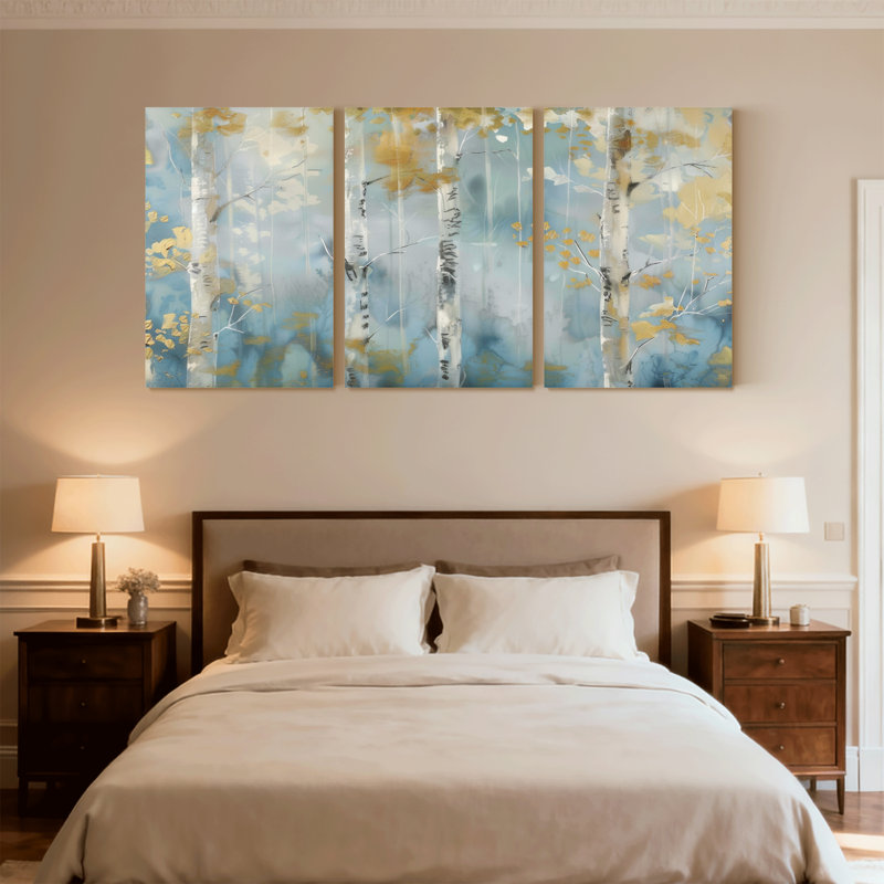 «Landscape & Nature Birch Trees Autumn Leaves Blue Sky», ensemble de 3 impressions sur toile, H 36 po x l 72 po