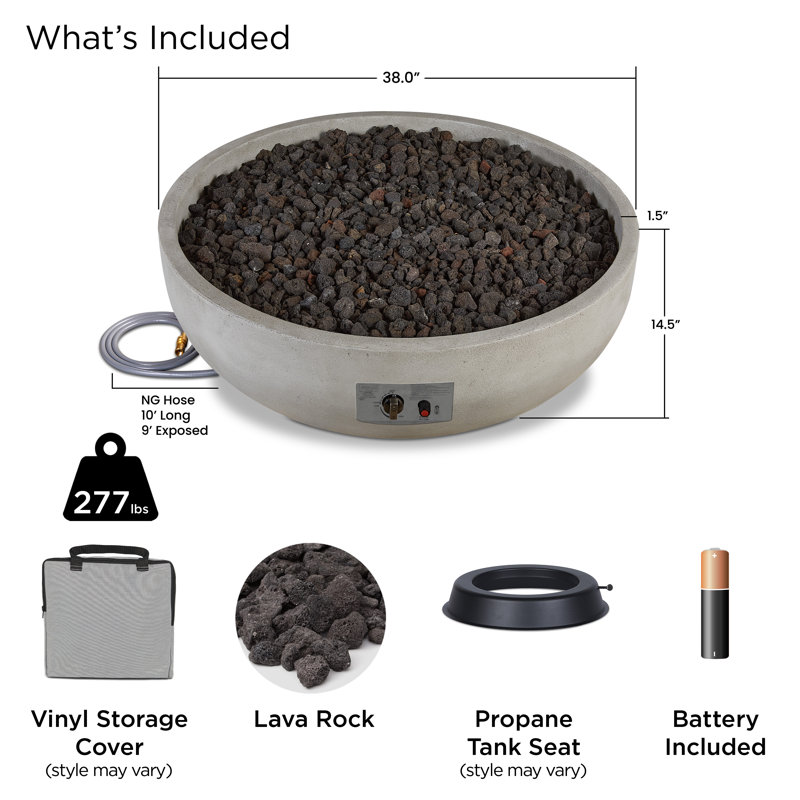 Carson 38" Round Concrete Propane Fire Pit in Carbon by Jensen Co., 14.5" H x 38" W x 38" D, Natural Gas, Gray