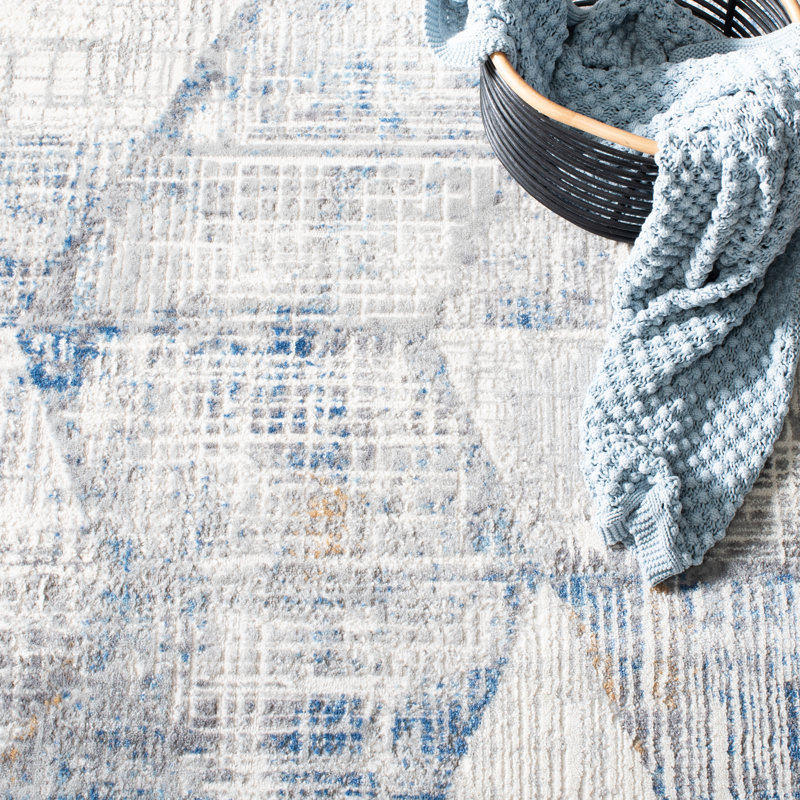 Tapis abstrait ivoire / bleu, Tapis de couloir 2 pi 2 po x 8 pi