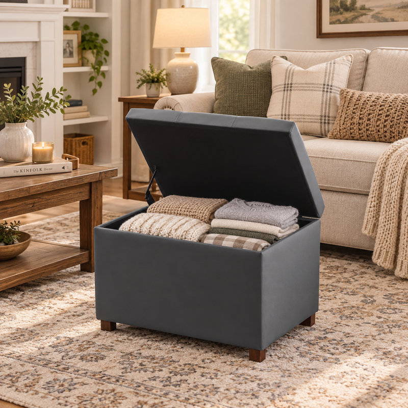 24" PU Faux Leather Storage Ottoman For Living Room, Light Gray, Brown