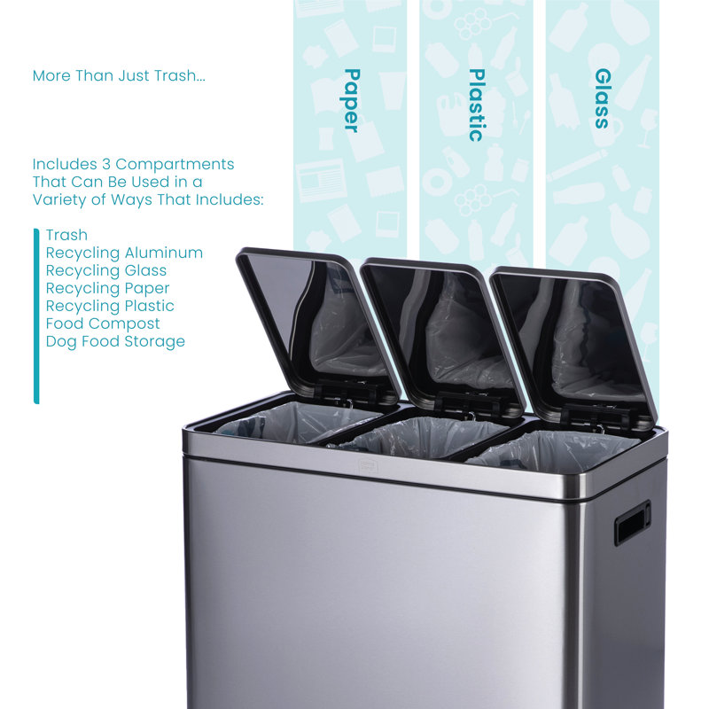 15.9 Gallon Stainless Steel Triple Compartment Pedal Trash Can
