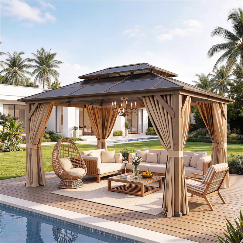 Gazebo de jardin de 4,9 m x 3,7 m en bois de cèdre de qualité supérieure, avec toit rigide en polycarbonate double couche, rideaux et moustiquaire. Parfait pour votre terrasse, votre jardin ou votre cour arrière.