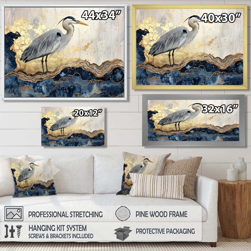 Marbre héron à l'encre de chine dorée paysage III - héron, art mural, H 12 po x l 20 po, Argent argent